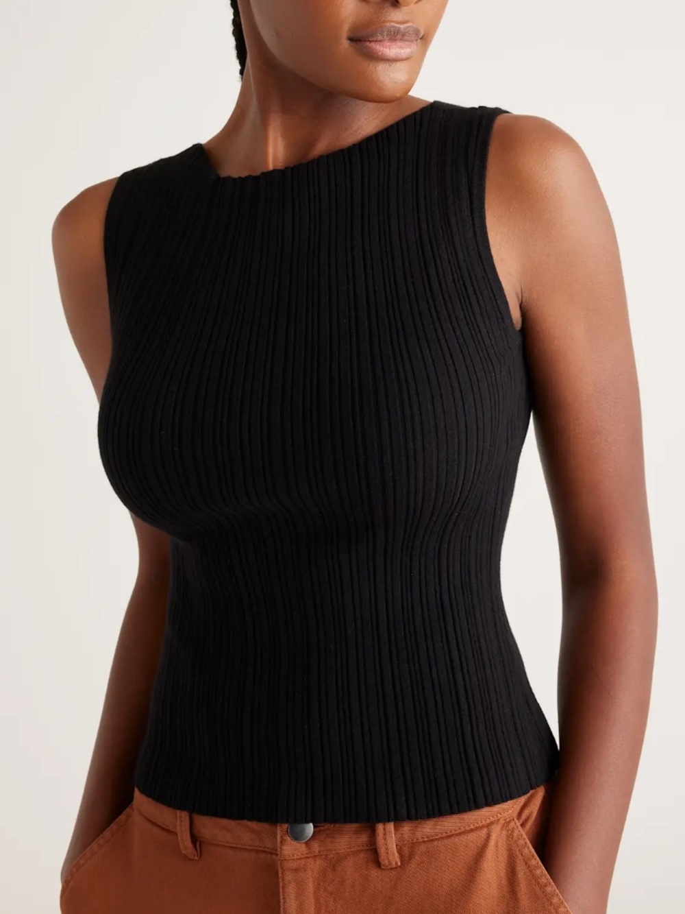 Quince Cotton Cashmere Black Ribbed Sleeveless Knit Top, Minimalist